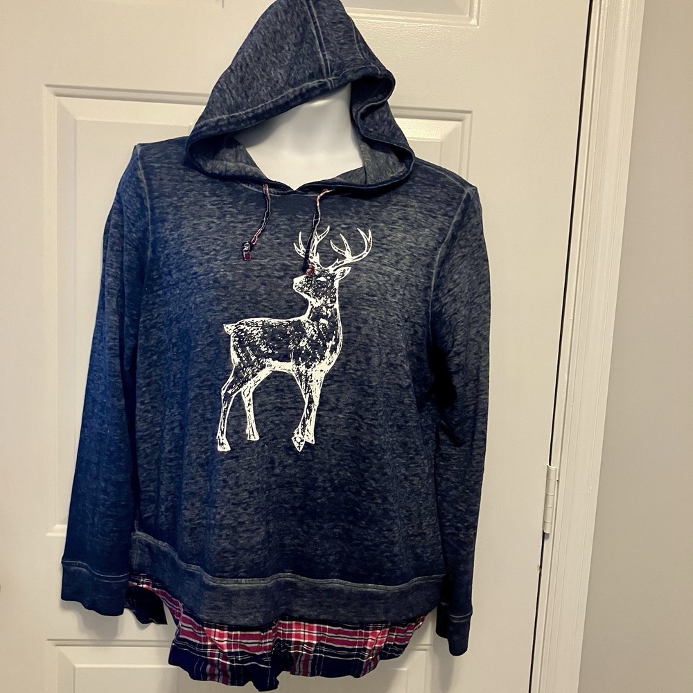 Bass Pro Shops Women's Sz XXL Blue Graphic Print Deer Logo Plaid Hoodie Shirt